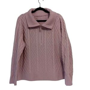 Venus Sweater‎ Womens 1X Pink Cable Knit Quarter Zip Funnel Collar Rhinestone